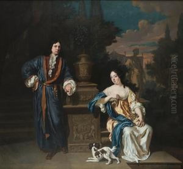 A Double Portrait Of A Gentleman
 And A Lady, Full-lengths, In A Blue Gown And A White Dress With A Blue 
Wrap Respectively, He Leaning Against An Urn, She Seated Holding A 
Basket Of Peaches, A Spaniel At Her Feet, In A Park, A Fountain And 
Statue B Oil Painting by Jan Verkolje