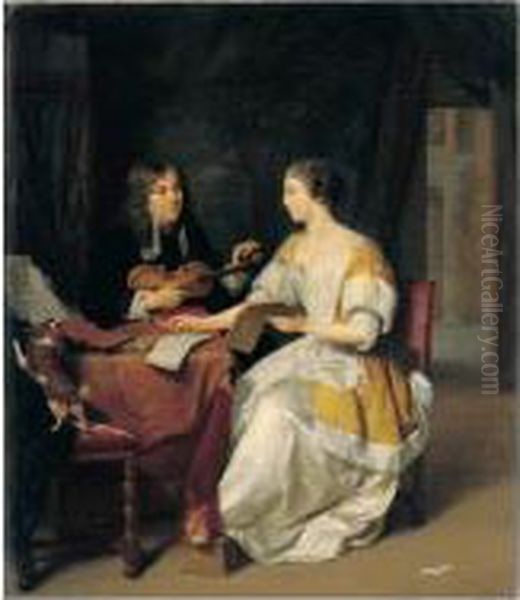 Interior Scene With A Couple 
Seated At A Table, The Man Tuning A Violin And The Woman Holding A 
Recorder And Music Score Oil Painting by Jan Verkolje