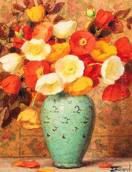 Orange poppies in a turquoise vase Oil Painting by Ernest Filliard