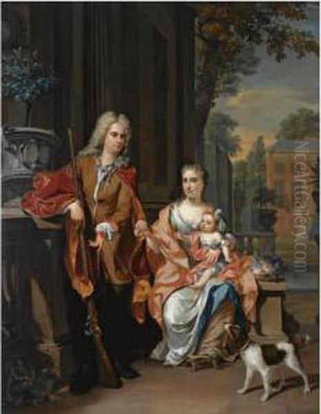 A Family Portrait Of Johan 
Diederik Pompe Van Meerdervoort (1697-1749) With His Wife Johanna Alida 
(1691-1749) And Their Eldest Daughter Maria Christina (born 1723), To 
The Background The Country Estate Meerdervoort At Zwijndrecht Oil Painting by Nicholas Verkolje