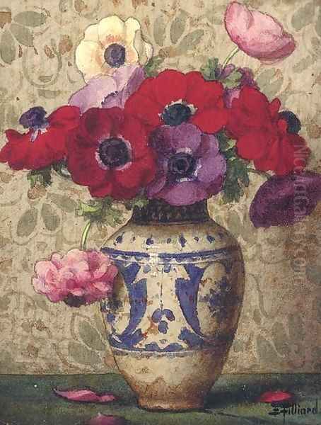 Pansies in a blue and white vase Oil Painting by Ernest Filliard