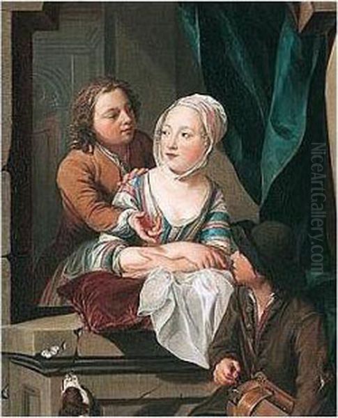 Young Lovers At A Window Listening To A Boy Playing A Rommel Pot Oil Painting by Nicholas Verkolje