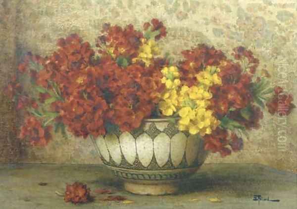 Red and yellow flowers in a bowl Oil Painting by Ernest Filliard