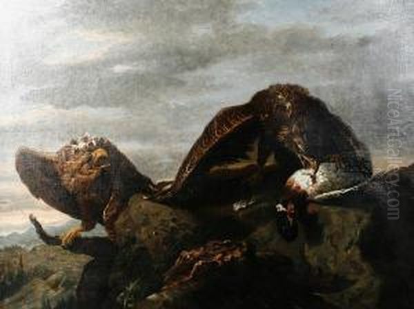 Two Eagles With Their Kill On A Rockyoutcrop Oil Painting by Charles Verlat