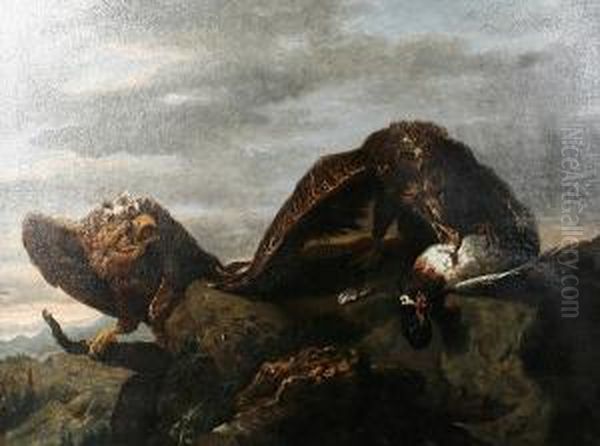 Two Eagles With Their Kill On A Rocky Outcrop Oil Painting by Charles Verlat