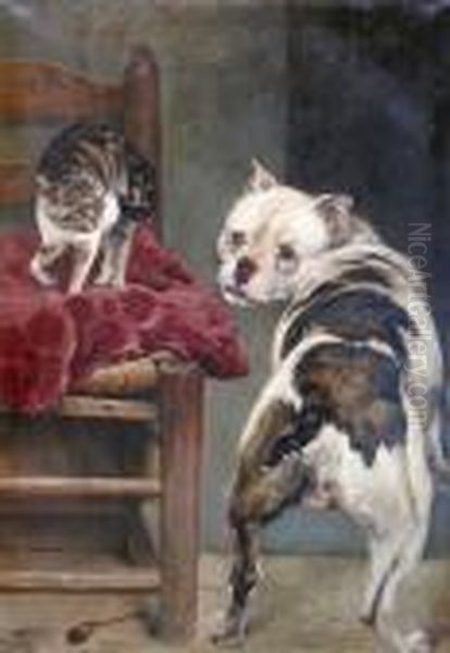 Kat En Buldog - Chat Et Bouledogue. (1885) Oil Painting by Charles Verlat