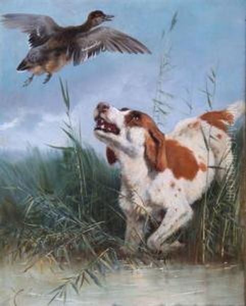 A Brittany Spaniel And Gadwall Oil Painting by Charles Verlat