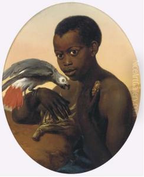 A Boy And His African Grey Oil Painting by Charles Verlat