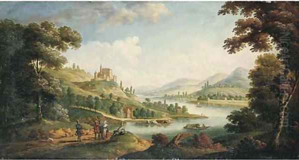 A river landscape with figures on a path and a village beyond Oil Painting by F. Fouquier