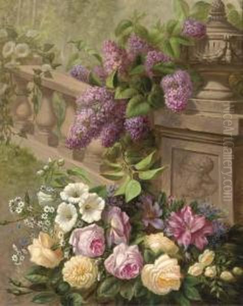 Hydrangeas, Roses, Rhodedendrons And Convolvulus Arranged Around Abalustrade Oil Painting by Charles Verlat