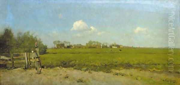 A panoramic summer landscape with a village in the distance Oil Painting by Hendrik Frauenfelder