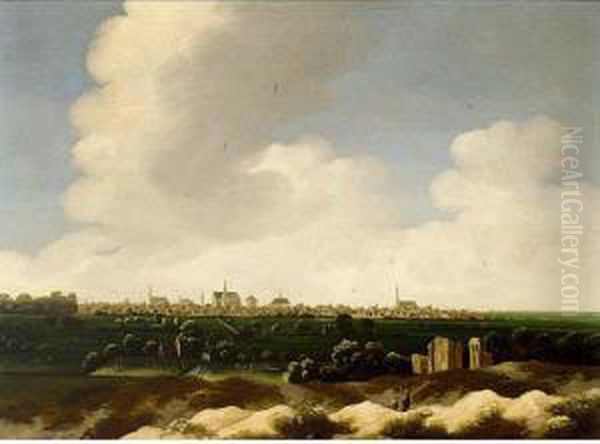 A Panoramic Landscape With A View Of The City Of Leiden Beyond Oil Painting by Jan Wijnants