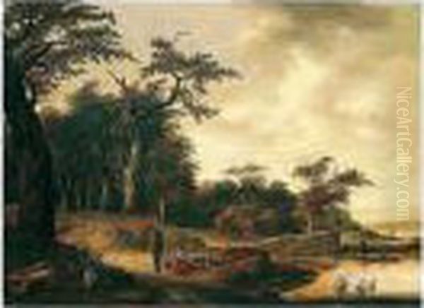 A Wooded Landscape With Peasants
 Resting By A Track, Ducks Being Flighted In A Pond Beyond Oil Painting by Jan Wijnants