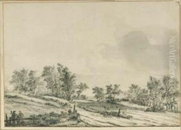 An Wooded Landscape With Travellers By A Fence Oil Painting by Jan Wijnants