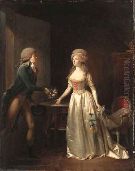 Interior scenes with a young woman being offered flowers by a suitor Oil Painting by Jean-Simon Fournier