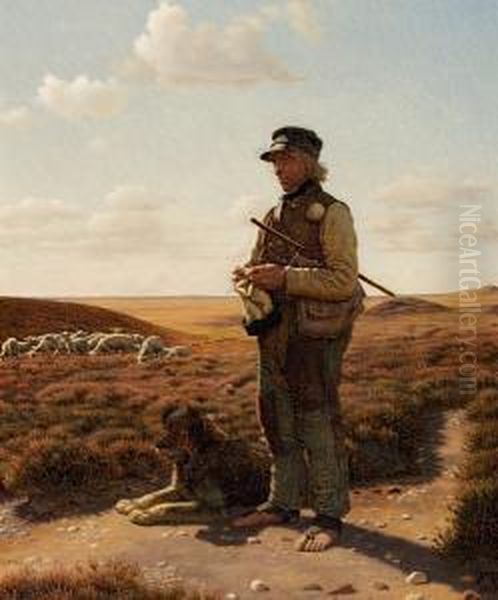 A Shepherd In The Moor In Sejs, West Of Silkeborg In Denmark Oil Painting by Frits Johann Freder. Vermehren