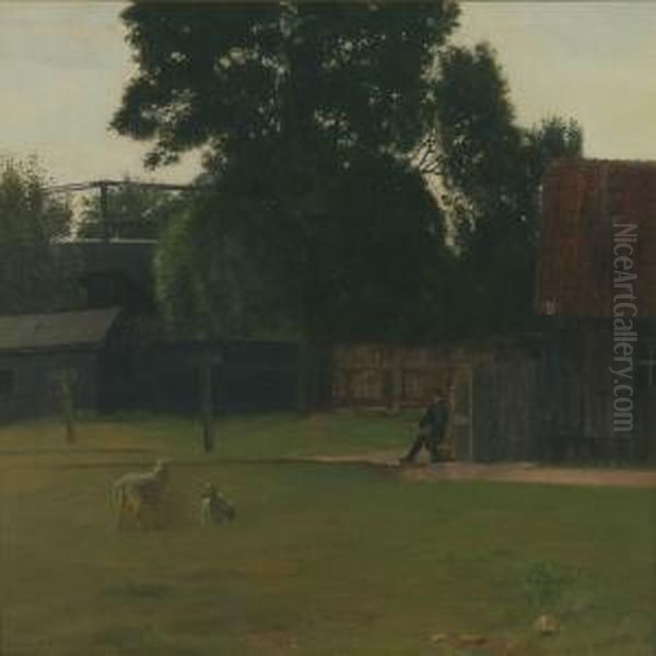 Farm Exterior With Man And Sheep Oil Painting by Gustav Vermehren