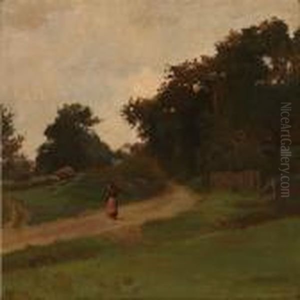 Landscape With An Old Lady Carrying Firewood Oil Painting by Gustav Vermehren