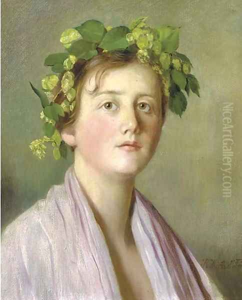 A girl with flowers in her hair Oil Painting by Rudolf Hirth Du Frenes