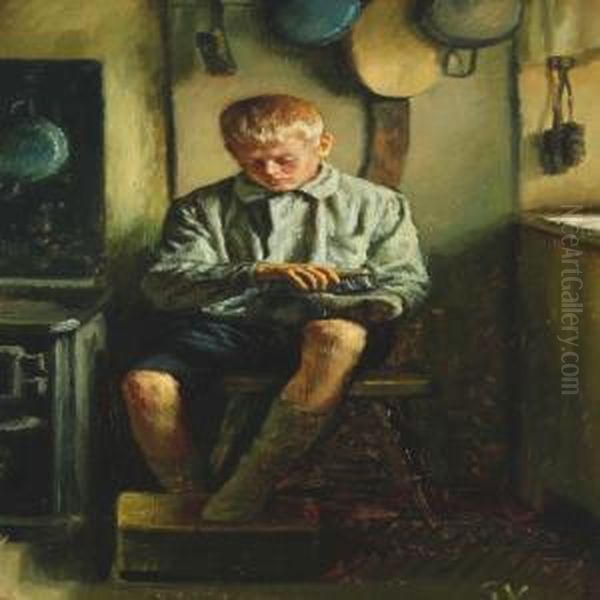 Interior With A Boywho Polishes His Boots Oil Painting by Sophus Vermehren