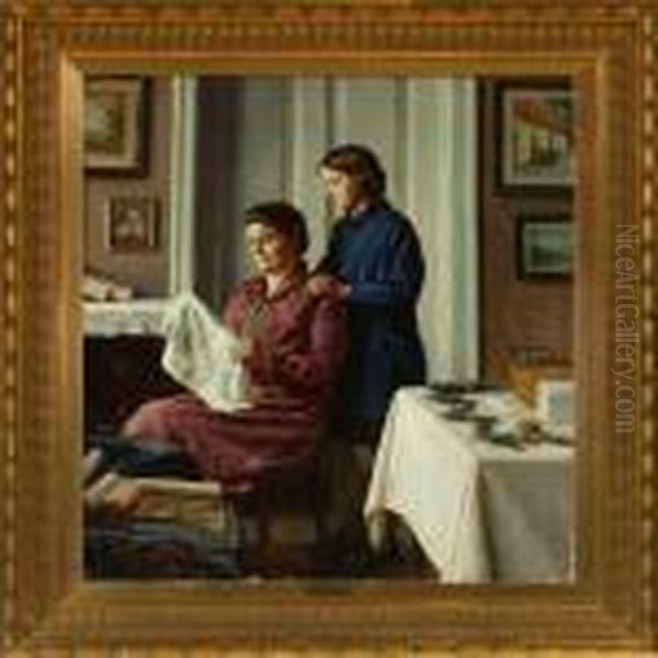 Interior With Motherand Daughter Oil Painting by Sophus Vermehren