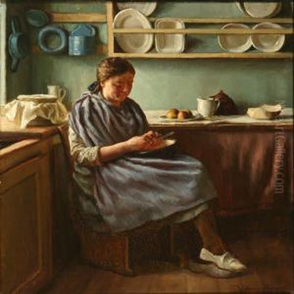 Girl In A Kitchen Oil Painting by Sophus Vermehren