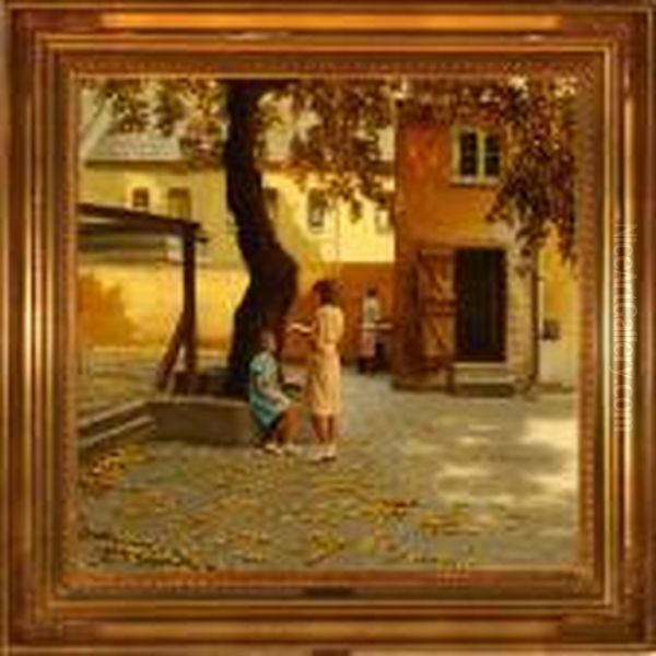 Two Girls Sittingunder A Tree Oil Painting by Sophus Vermehren