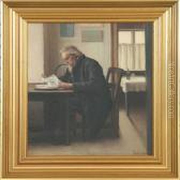 Interior With Anelderly Man Reading The Paper Oil Painting by Sophus Vermehren