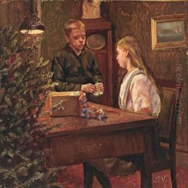 Decorating Thechristmas Tree, Sister And Brother Making Christmas Decoration Oil Painting by Sophus Vermehren