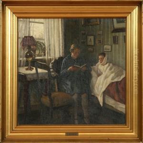 Interior With Girl And A Boy With Toothache Oil Painting by Sophus Vermehren