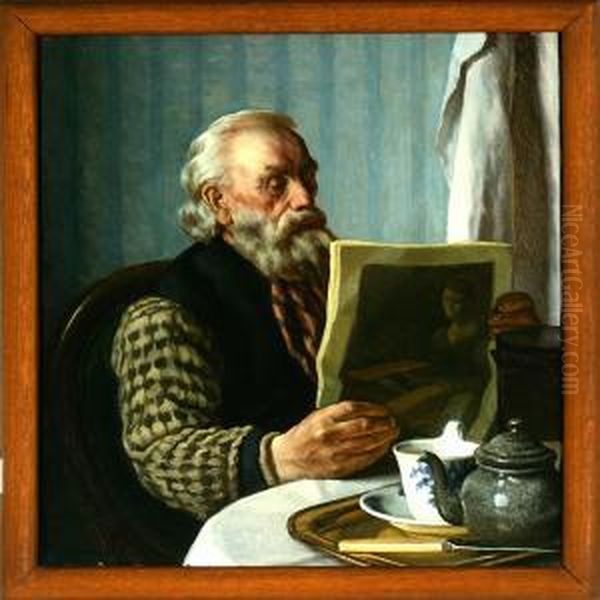 An Old Fisherman Is Reading The Newspaper. Signed S. Vermehren Oil Painting by Sophus Vermehren