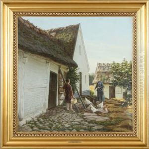 Daily Life At A Danish Farm. Signed S. Vermehren Oil Painting by Sophus Vermehren