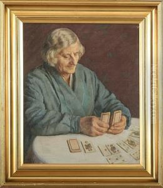 An Elderly Lady Playing Solitaire Oil Painting by Sophus Vermehren