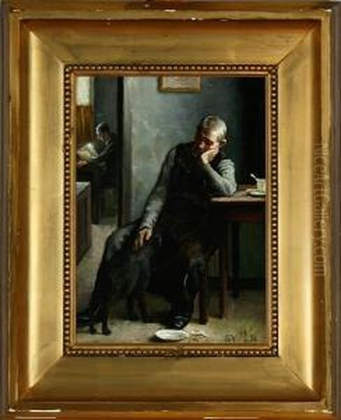 An Interior With A Man And His Dog Oil Painting by Sophus Vermehren