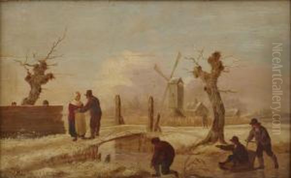 Figures On A Frozen Canal Oil Painting by Andries Vermeulen