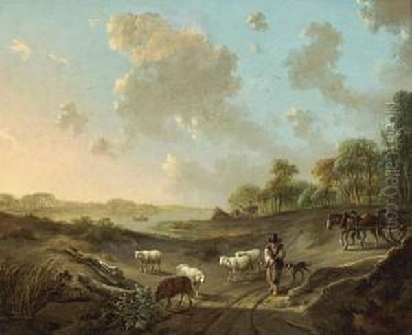 A Pastoral Landscape With Figures And Sheep On A Track In The Foreground Oil Painting by Andries Vermeulen