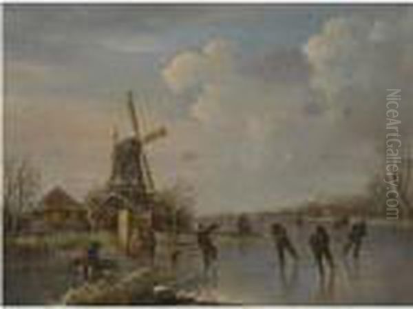 A Winter Landscape With Figures Skating Oil Painting by Andries Vermeulen