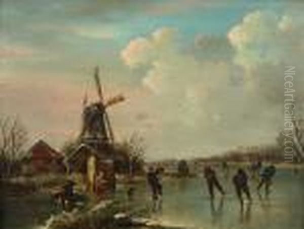 Paysage Hivernal Avec Patineurs Oil Painting by Andries Vermeulen