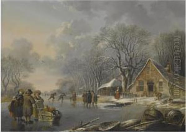 A Winter Landscape With Skaters On A Frozen River Near An Inn Oil Painting by Andries Vermeulen