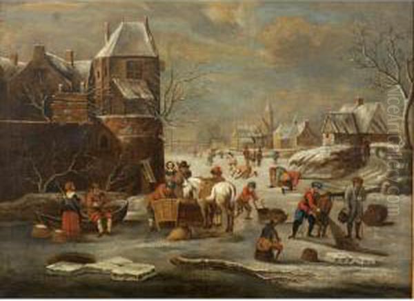 Figures On A Frozen Canal Oil Painting by Andries Vermeulen