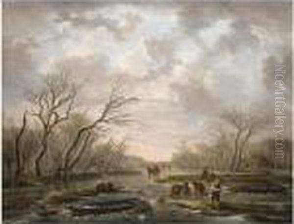 Winter Landscape With Skaters On A Frozen Canal Oil Painting by Andries Vermeulen