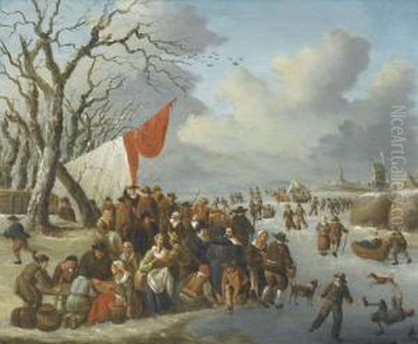 Winterlandschaft Mit Schlittschuhlaufern Oil Painting by Andries Vermeulen