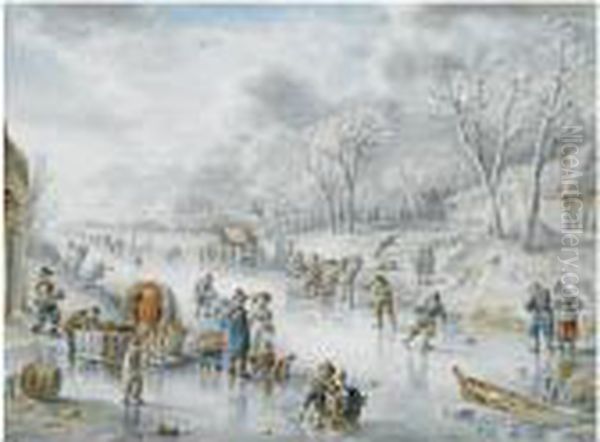 Many Figures On A Frozen Canal, A 'koek En Zopie' In Thedistance Oil Painting by Andries Vermeulen