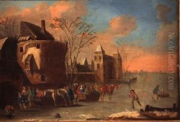 Awinter Landscape With Figure Skating, Other Figure Groups Oil Painting by Andries Vermeulen