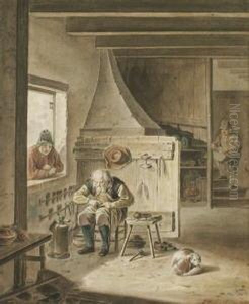 Die Stube Des Schuster````s. 
Aquarell Auf Butten Auf Feines Japan Kaschiert. 28,2 X 23,6 Cm. Rechts 
Unten Signiert: A. Vermeulen. Unter Glas Gerahmt. Oil Painting by Andries Vermeulen