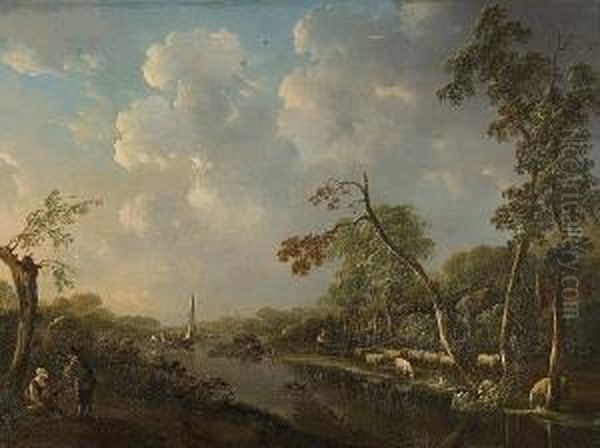 River Landscape With Shepherd And Flock On The Bank Oil Painting by Andries Vermeulen