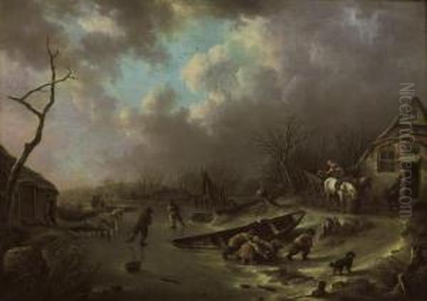 A Winter Landscape With Figures Skating On A Frozen River Oil Painting by Andries Vermeulen