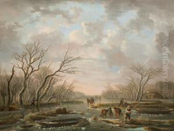 Paesaggio Fluviale Invernale Con Pattinatori Sul Ghiaccio Oil Painting by Andries Vermeulen