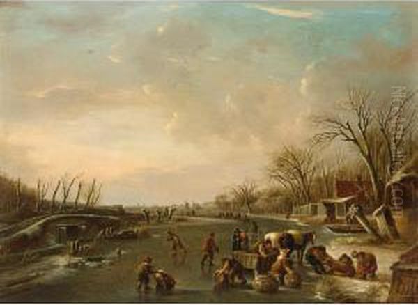 A Winter Scene With Skaters And A Horse-drawn Sleigh With Poultry Sellers Oil Painting by Andries Vermeulen