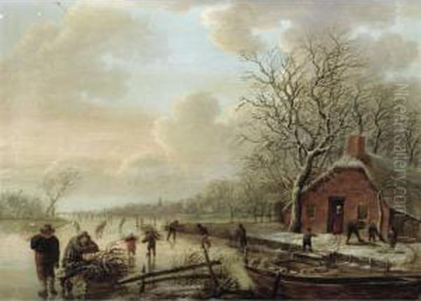 A Frozen River Landscape With Skaters And Men Collecting Firewood Oil Painting by Andries Vermeulen